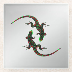 Yin Yang Lizards Silver Glass Coaster
