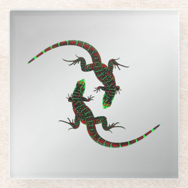 Yin Yang Lizards Silver Glass Coaster (Front)