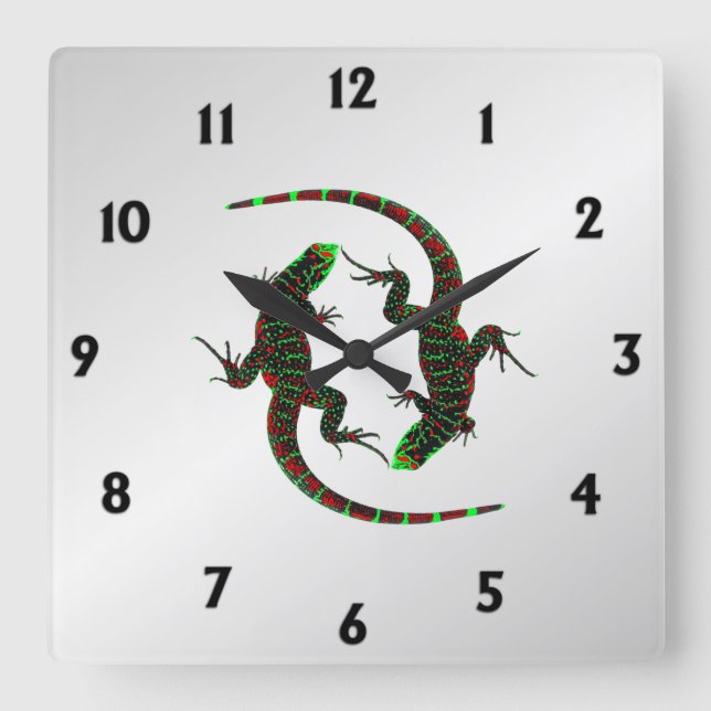 Yin Yang Lizards Silver Square Wall Clock (Front)