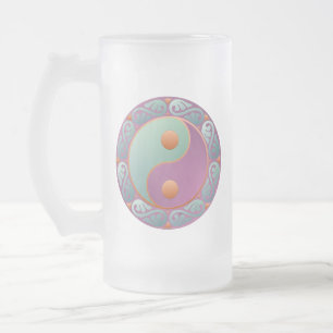 Yin Yang Medallion Violet Turquoise Frosted Glass Beer Mug
