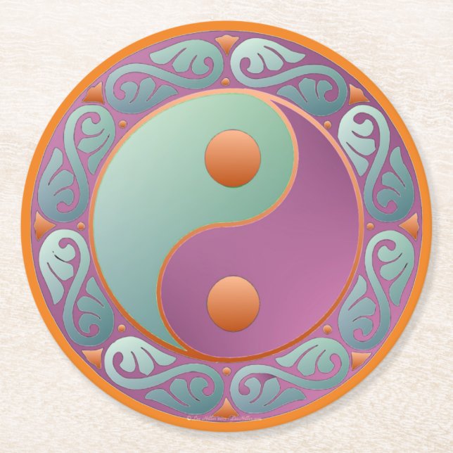 Yin Yang Medallion Violet Turquoise Round Paper Coaster (Front)