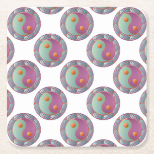 Yin Yang Medallion Violet Turquoise Square Paper Coaster