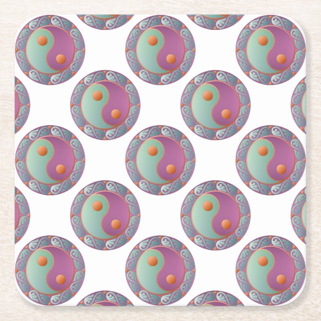 Yin Yang Medallion Violet Turquoise Square Paper Coaster (Front)