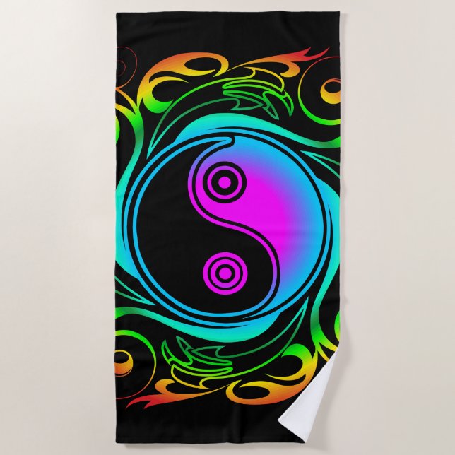 Yin Yang Psychedelic Rainbow Tattoo Beach Towel (Front)