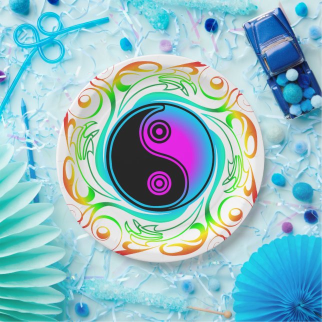 Yin Yang Psychedelic Rainbow Tattoo Paper Plate (Party)