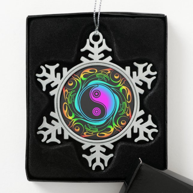 Yin Yang Psychedelic Rainbow Tattoo Snowflake Pewter Christmas Ornament (Box)