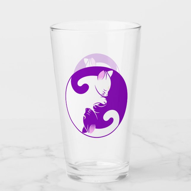 Yin Yang Purple Zen Cat Drinking Glass Tumbler (Front)