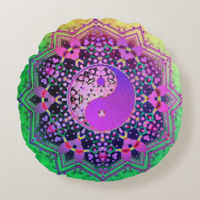 Yin Yang Rainbow Love Geometry Round Cushion (Front)