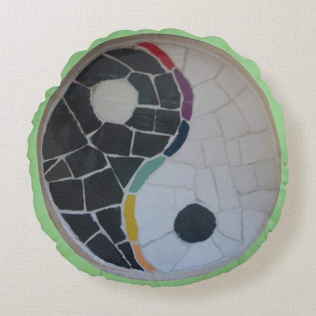 Yin Yang Rainbow Mosaic Yoga Round Pillow (Front)