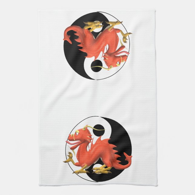 Yin-yang Red Dragon Tea Towel (Vertical)