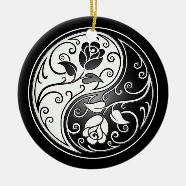 Yin Yang Roses, black Ceramic Tree Decoration (Front)