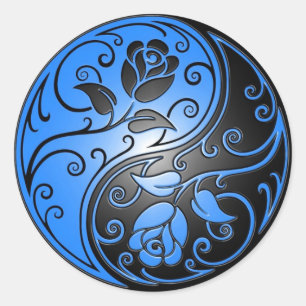 Yin Yang Roses, blue and black Classic Round Sticker