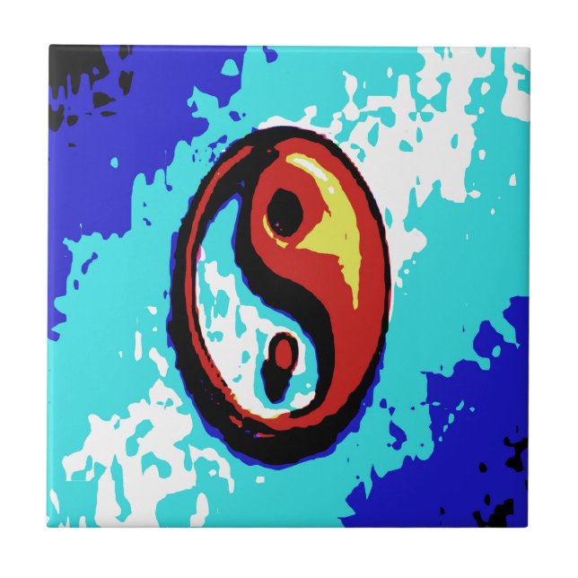 Yin Yang Sign Red and Blue Artistic Tile (Front)