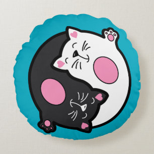 Yin Yang Sleeping Cats In Black And White Round Cushion