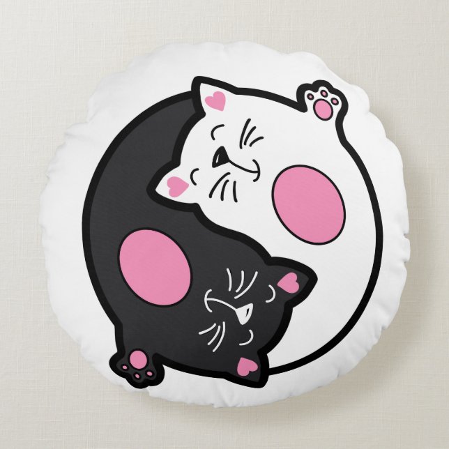 Yin Yang Sleeping Cats In Black And White  Round Cushion (Front)