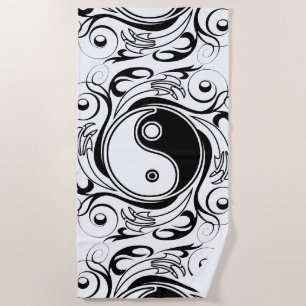 Yin & Yang Symbol Black and White Tattoo Style Beach Towel