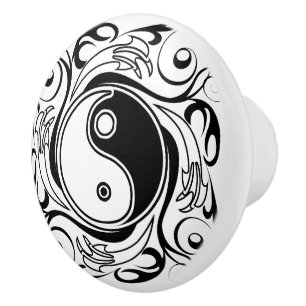 Yin & Yang Symbol Black and White Tattoo Style Ceramic Knob