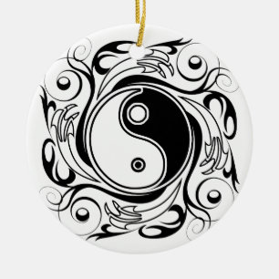 Yin & Yang Symbol Black and White Tattoo Style Ceramic Tree Decoration