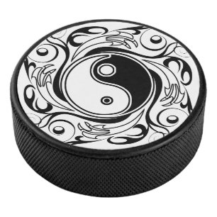 Yin & Yang Symbol Black and White Tattoo Style Hockey Puck