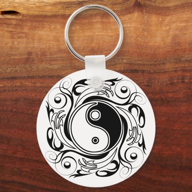 Yin & Yang Symbol Black and White Tattoo Style Key Ring (Front)