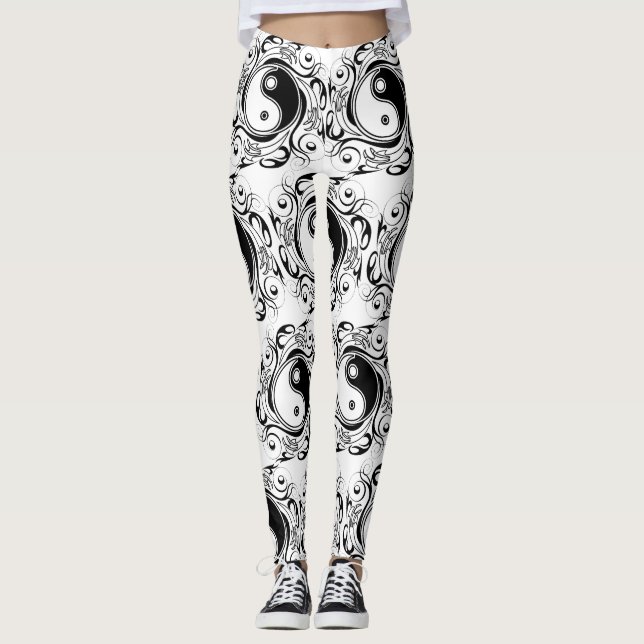 Yin & Yang Symbol Black and White Tattoo Style Leggings (Front)
