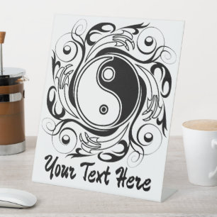 Yin & Yang Symbol Black and White Tattoo Style Pedestal Sign