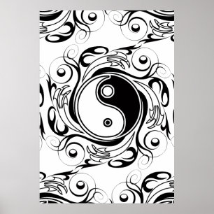 Yin & Yang Symbol Black and White Tattoo Style Poster
