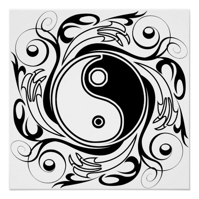 Yin & Yang Symbol Black and White Tattoo Style Poster (Front)
