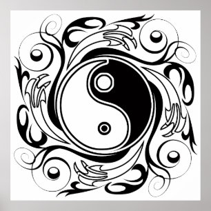 Yin & Yang Symbol Black and White Tattoo Style Poster
