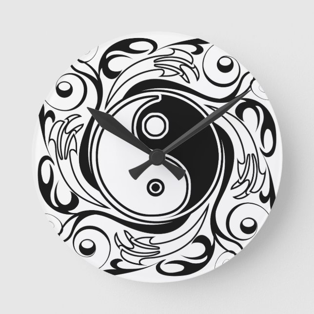 Yin & Yang Symbol Black and White Tattoo Style Round Clock (Front)