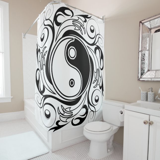 Yin & Yang Symbol Black and White Tattoo Style Shower Curtain (In Situ)