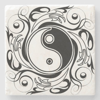 Yin & Yang Symbol Black and White Tattoo Style Stone Coaster