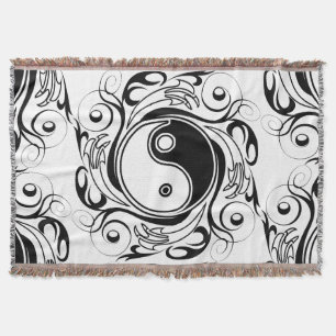 Yin & Yang Symbol Black and White Tattoo Style Throw Blanket