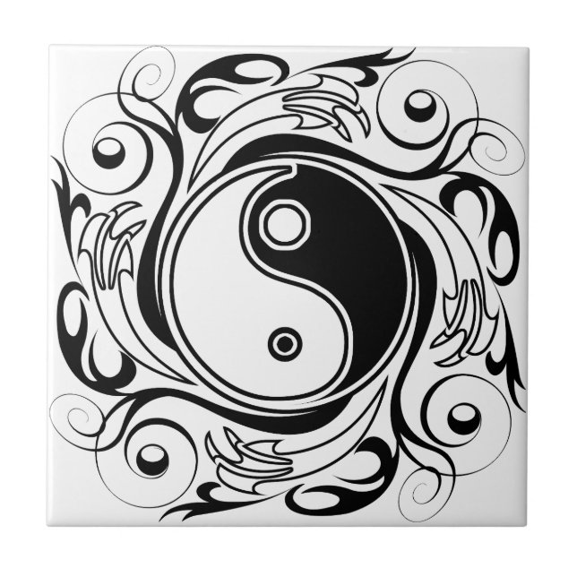 Yin & Yang Symbol Black and White Tattoo Style Tile (Front)
