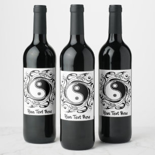 Yin & Yang Symbol Black and White Tattoo Style Wine Label