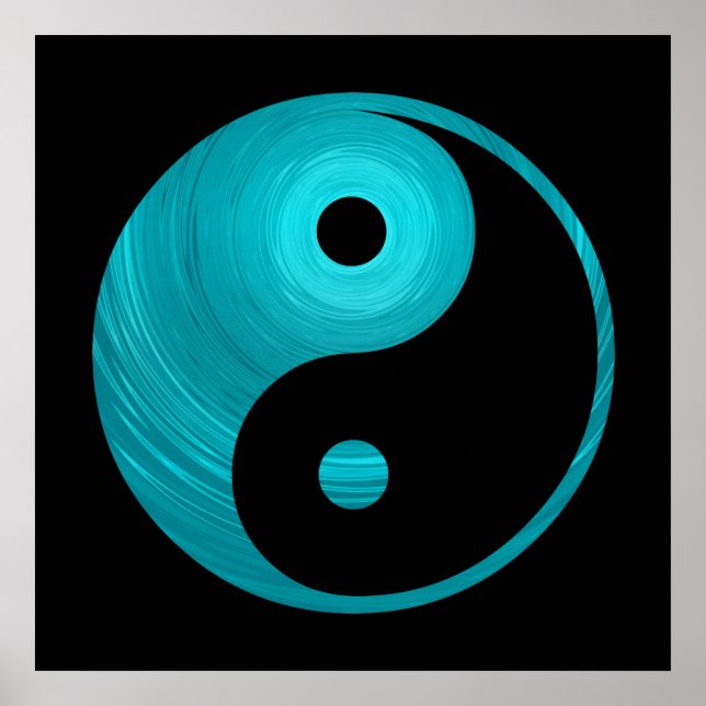 Yin Yang Teal Blue Aqua Spiral Template Black Poster (Front)