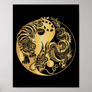 Yin Yang Tiger Dragon Gold Poster