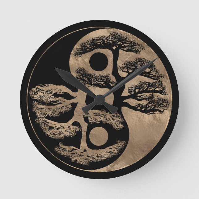 Yin Yang Tree Black and Gold Round Clock (Front)