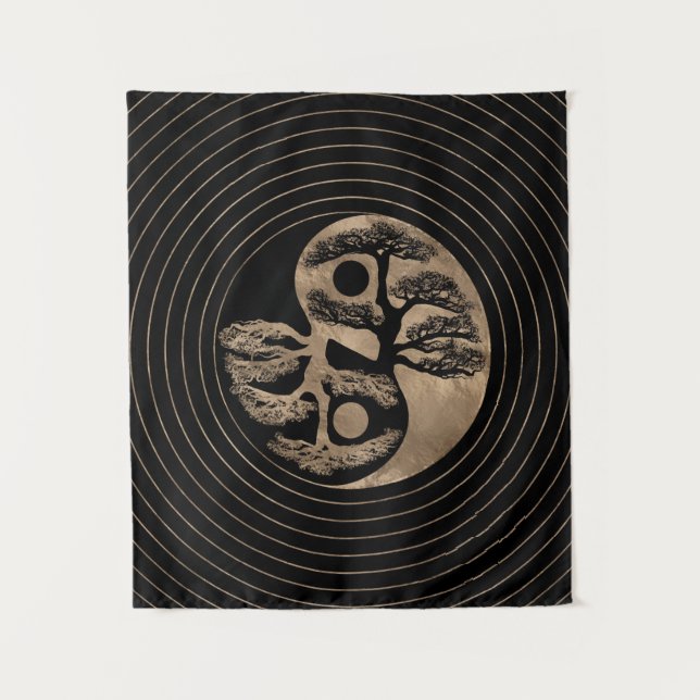 Yin Yang Tree Black and Gold Tapestry (Front)