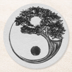 Yin Yang Tree Canvas Round Paper Coaster
