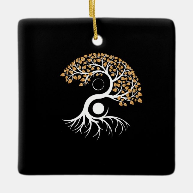 Yin Yang Tree - Golden Leaves Ceramic Ornament (Front)