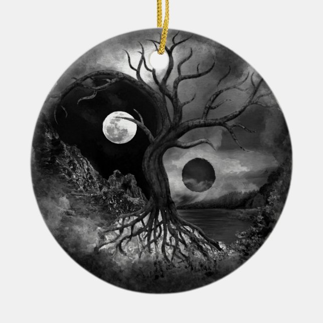 Yin Yang Tree Landscape Black and White Ceramic Tree Decoration (Front)