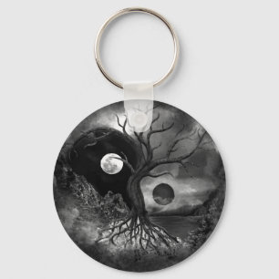 Yin Yang Tree Landscape Black and White Key Ring