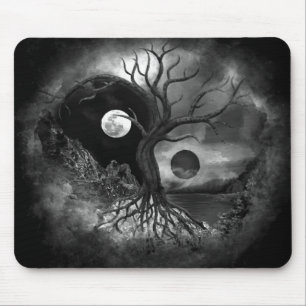 Yin Yang Tree Landscape Black and White Mouse Mat