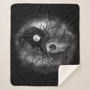 Yin Yang Tree Landscape Black and White Sherpa Blanket