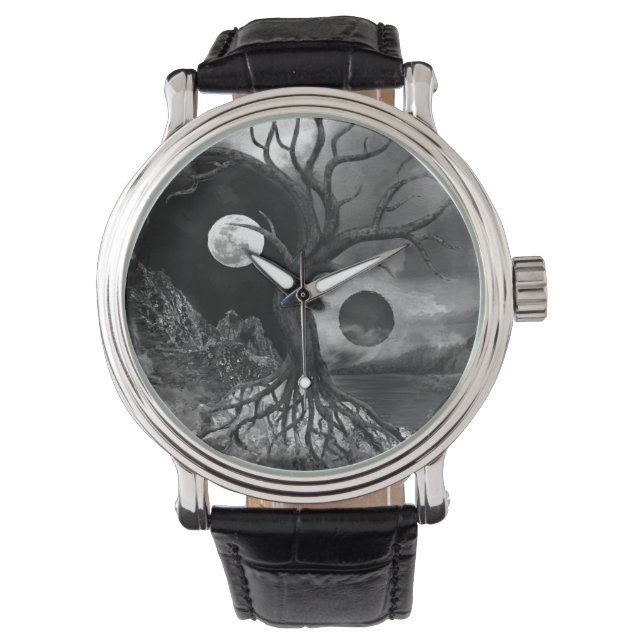 Yin Yang Tree Landscape Black and White Watch (Front)