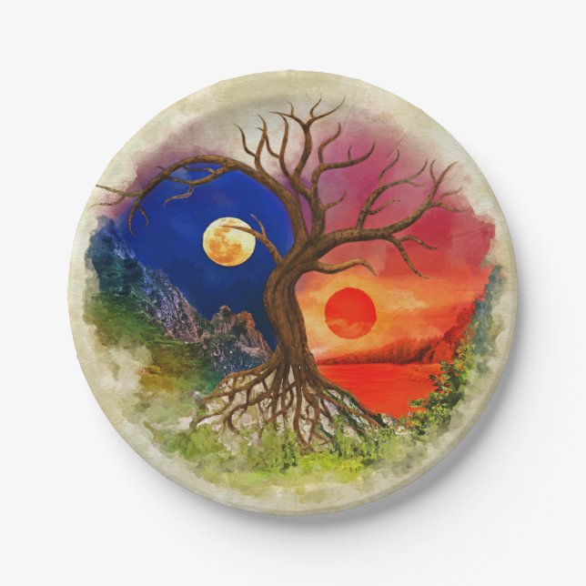 Yin Yang Tree Landscape Paper Plate (Front)