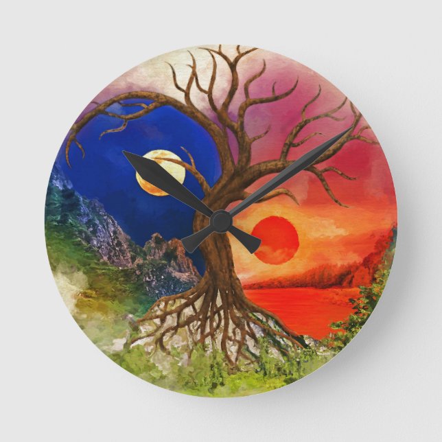 Yin Yang Tree Landscape Round Clock (Front)