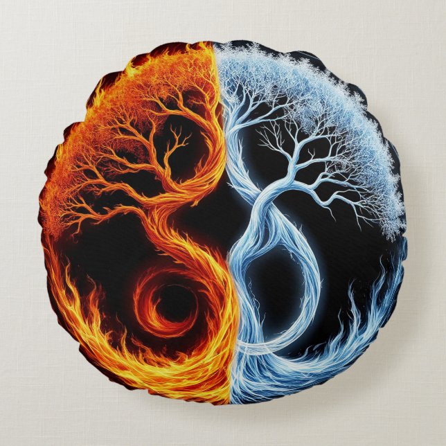 Yin Yang Tree Motif Representing Balance of Fire Round Cushion (Front)