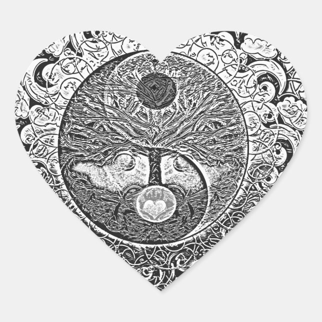 Yin Yang Tree of Life in Silver and Chrome Heart Sticker (Front)